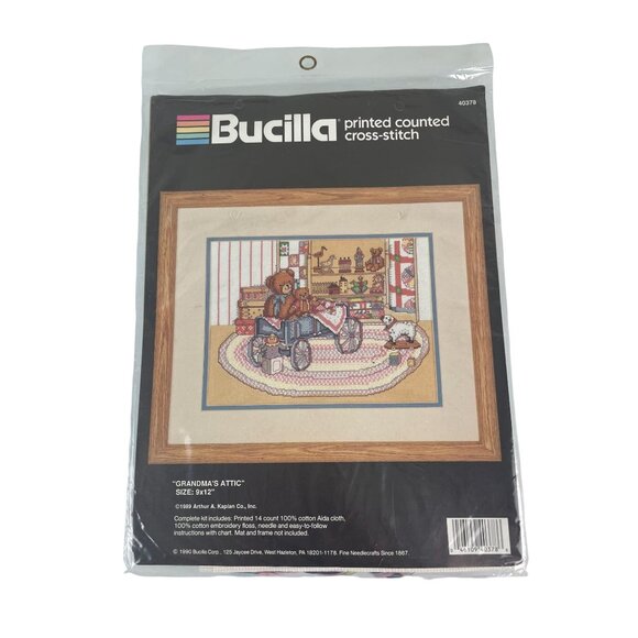 Vintage Sealed 1990 Bucilla Printed Counted Cross Stitch Kit Grandma's Attic - Picture 1 of 10